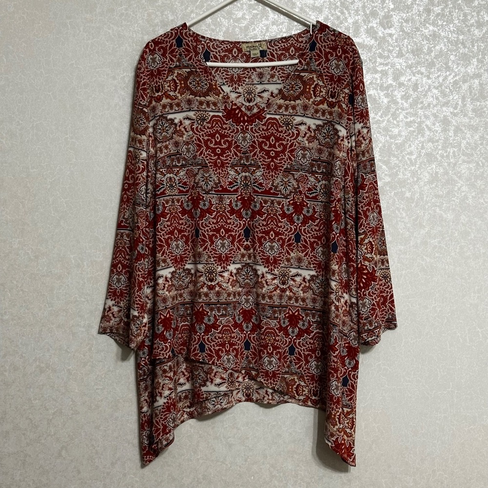 One World Women's Red‎ Paisley Print V-neck Tunic Top Asymmetrical Hem Blouse L
